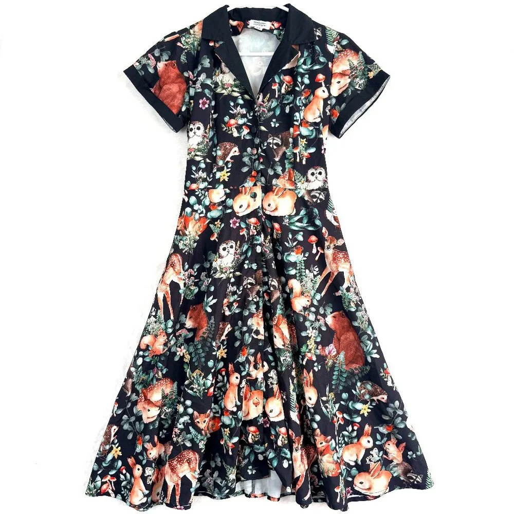 UNIQUE VINTAGE Woodland Creature Forest Fairy Swing Retro Collared Dress S - Picture 1 of 4